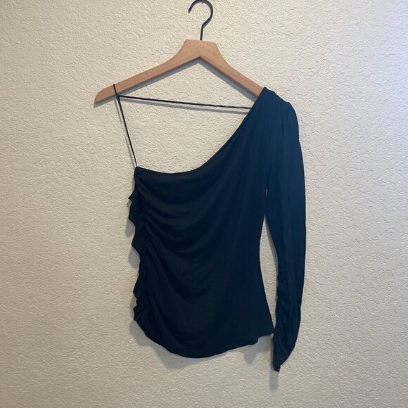 1 State Black One Sleeve Ruched Side Top Medium - Picture 5 of 7